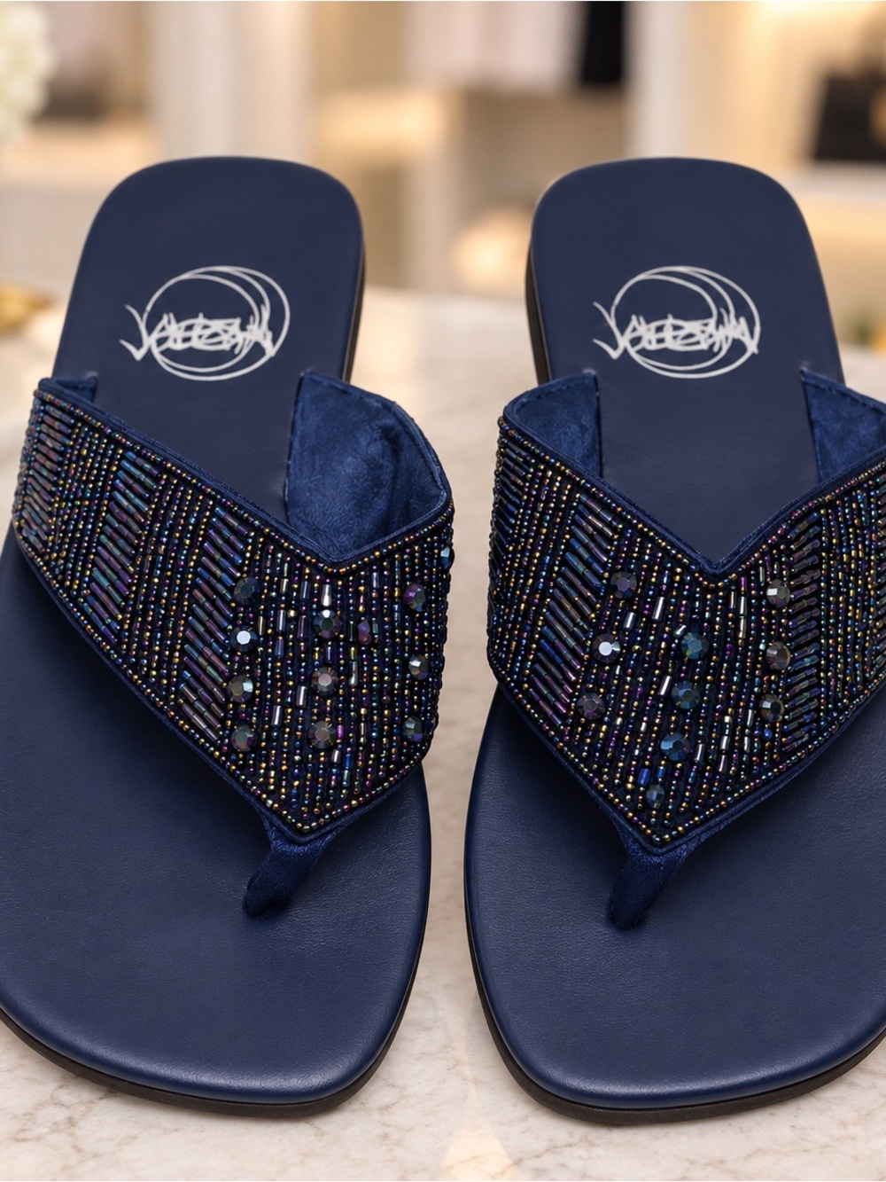 Naturalizer Meesha Boutique Beaded Navy Slide Sandals Size 7.5